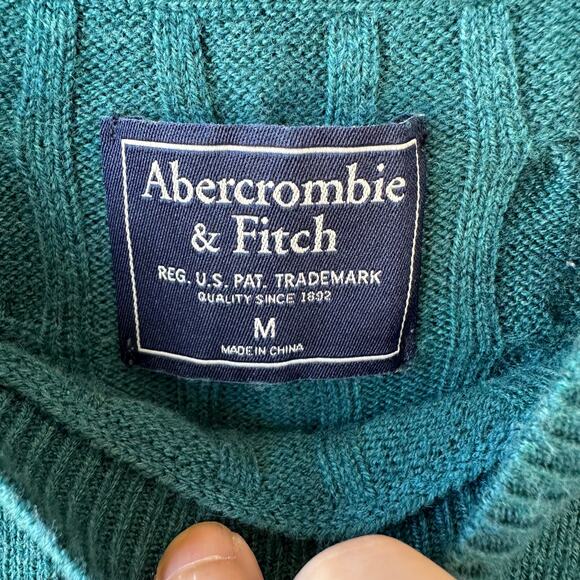 Y2K Abercrombie & Fitch Cable Knit Sweater M Teal Moose Logo Preppy Pullover - Picture 6 of 8